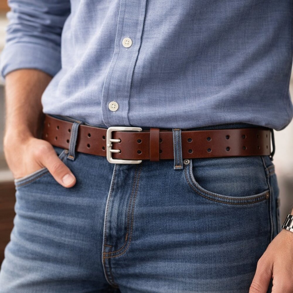 Mens Genuine Leather 2 Hole Belt for Mens, Brown Belt